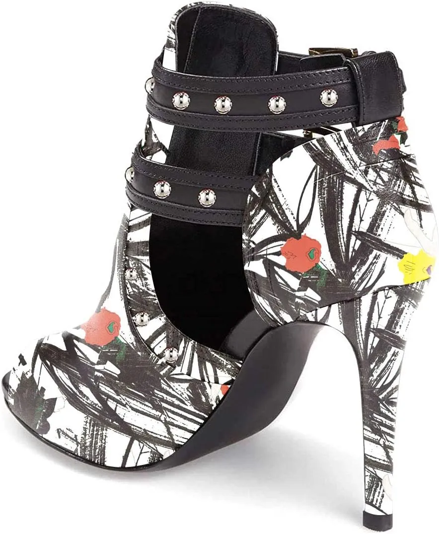XYD Women Chic Studs Peep Toe Ankle Bootie High Heel Pumps Buckled Double Straps Cutout Fashion Party Shoes