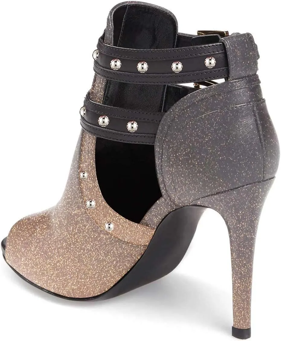 XYD Women Chic Studs Peep Toe Ankle Bootie High Heel Pumps Buckled Double Straps Cutout Fashion Party Shoes