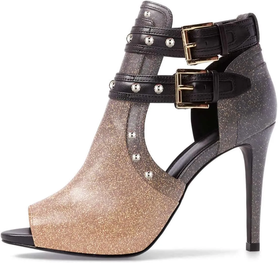 XYD Women Chic Studs Peep Toe Ankle Bootie High Heel Pumps Buckled Double Straps Cutout Fashion Party Shoes