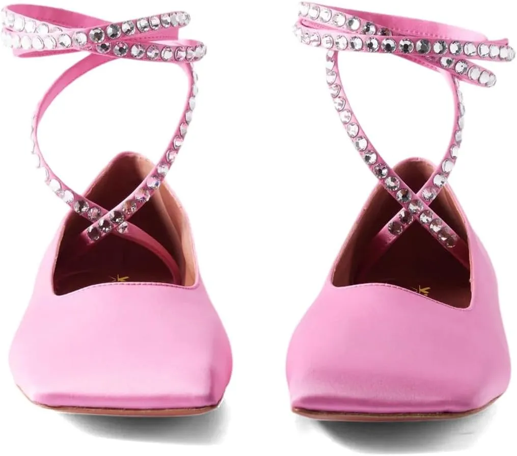 XYD Women Crystal Lace Up Flats Fashion Square Closed Toe Ankle Strappy Ballet Party Dating Shoes
