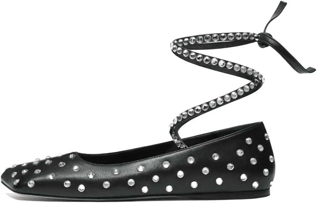 XYD Women Crystal Lace Up Flats Fashion Square Closed Toe Ankle Strappy Ballet Party Dating Shoes