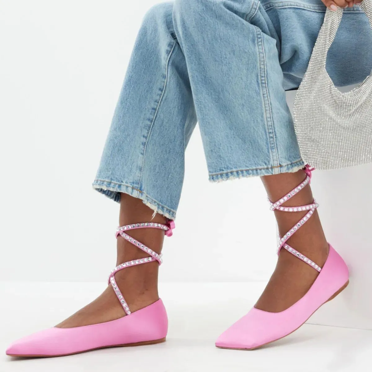 XYD Women Crystal Lace Up Flats Fashion Square Closed Toe Ankle Strappy Ballet Party Dating Shoes