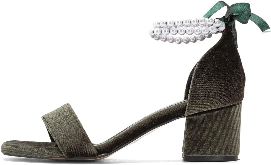 XYD Women Elegant Pearls Ribbon Strap Sandals Tie-up Open Toe Low Block Sandals Wedding Bridal Shoes