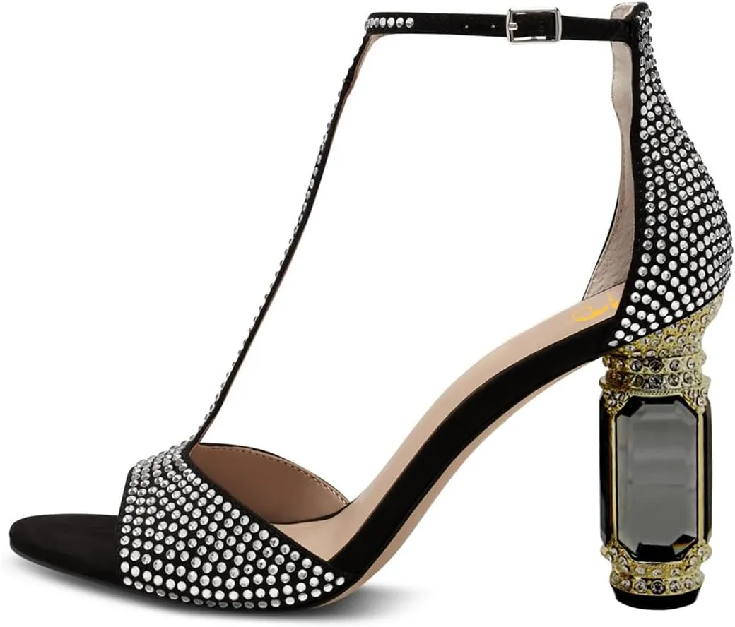XYD Women Elegant T-Bar Sandals Open Toe Dazzling Crystal Studs Ankle Strap Block High Heels Evening Shoes