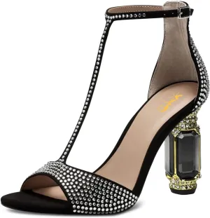 XYD Women Elegant T-Bar Sandals Open Toe Dazzling Crystal Studs Ankle Strap Block High Heels Evening Shoes