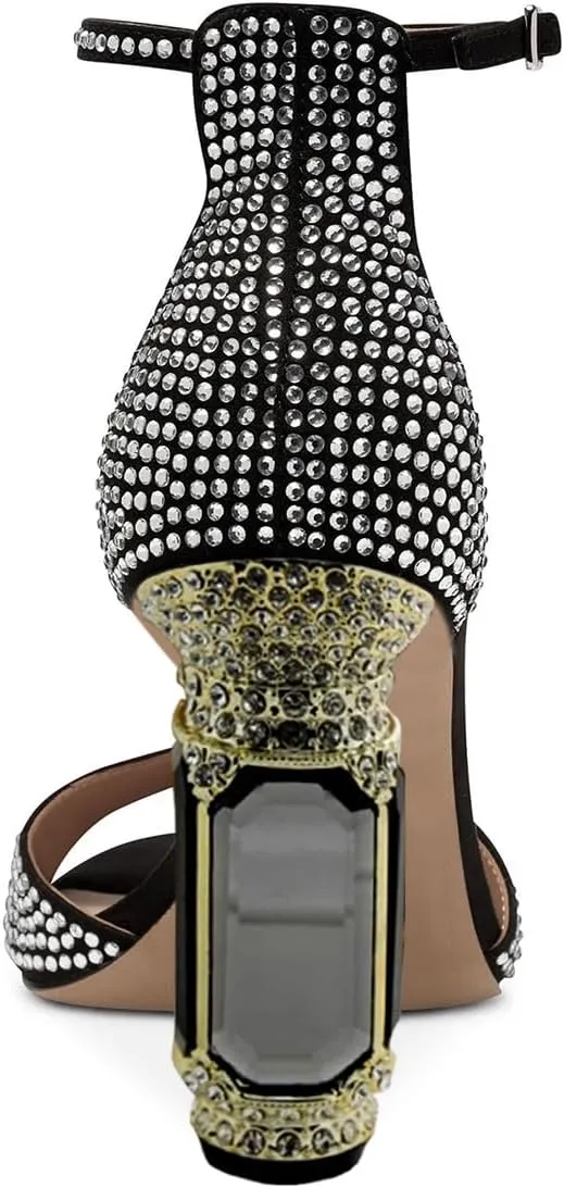 XYD Women Elegant T-Bar Sandals Open Toe Dazzling Crystal Studs Ankle Strap Block High Heels Evening Shoes