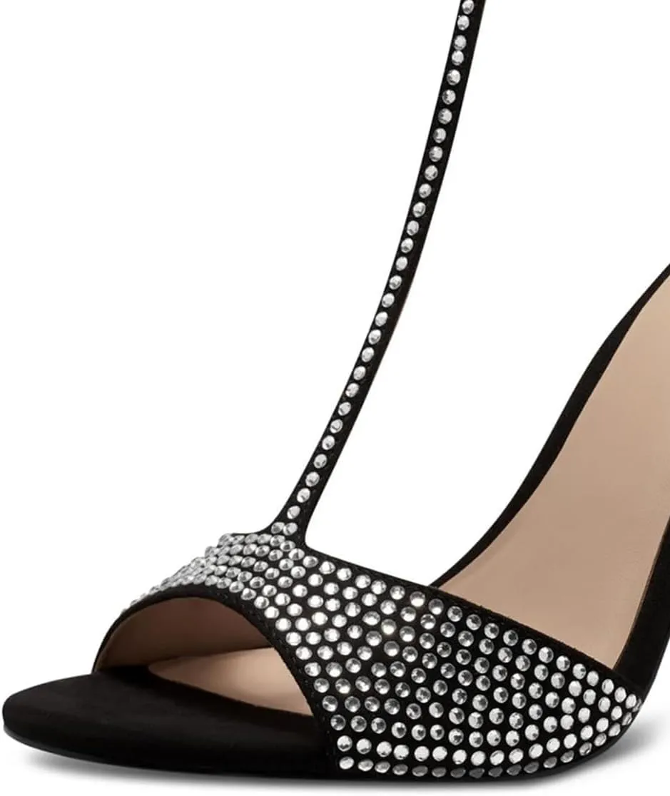 XYD Women Elegant T-Bar Sandals Open Toe Dazzling Crystal Studs Ankle Strap Block High Heels Evening Shoes