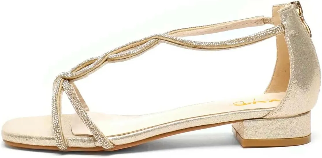 XYD Women's Crystal Low Heel Sandals Square Open Toe Snakelike T-Bar Strappy Flats with Back Zip Stylish Dress Shoes
