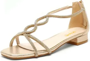 XYD Women's Crystal Low Heel Sandals Square Open Toe Snakelike T-Bar Strappy Flats with Back Zip Stylish Dress Shoes