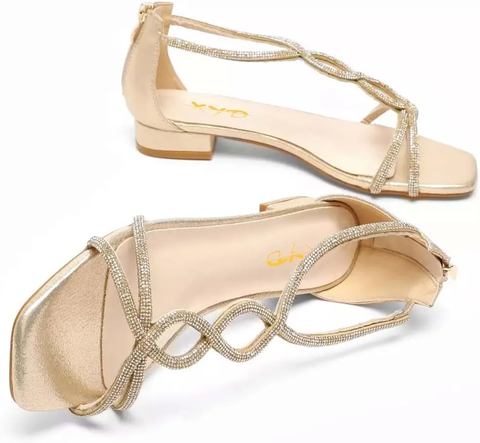 XYD Women's Crystal Low Heel Sandals Square Open Toe Snakelike T-Bar Strappy Flats with Back Zip Stylish Dress Shoes