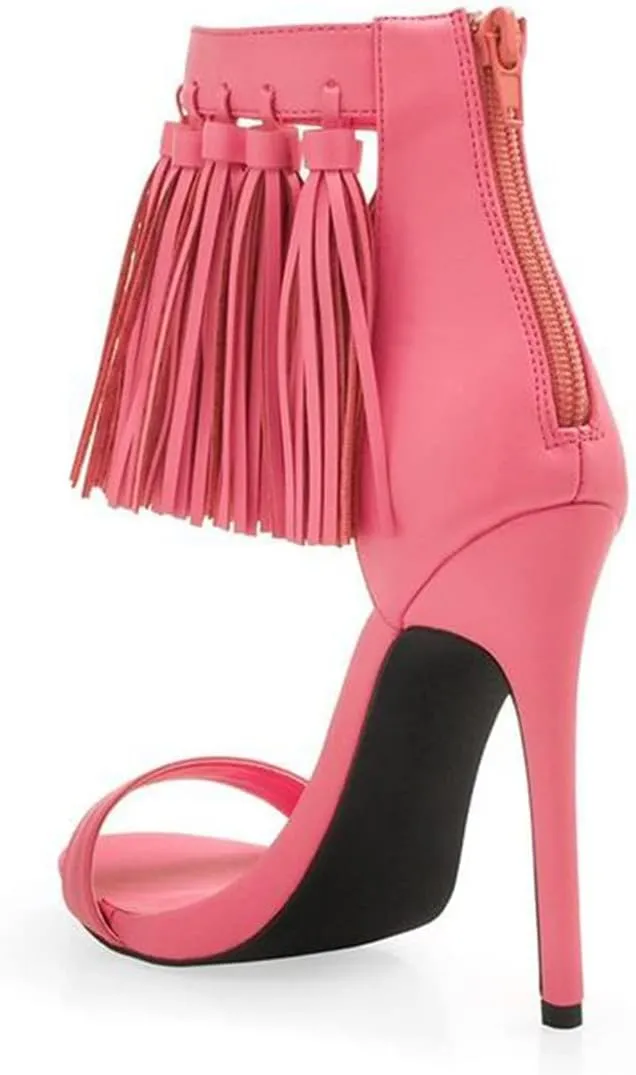 YDN Women's Open Toe Stiletto High Heel Sandals Fringe Tassel Ankle Strap with Back Zipper Elegant Party Dress Prom Shoes Size 4-15 US