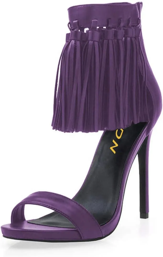 YDN Women's Open Toe Stiletto High Heel Sandals Fringe Tassel Ankle Strap with Back Zipper Elegant Party Dress Prom Shoes Size 4-15 US