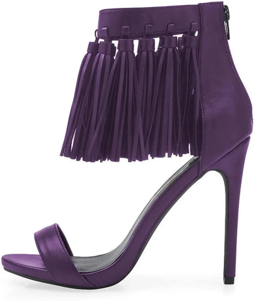 YDN Women's Open Toe Stiletto High Heel Sandals Fringe Tassel Ankle Strap with Back Zipper Elegant Party Dress Prom Shoes Size 4-15 US