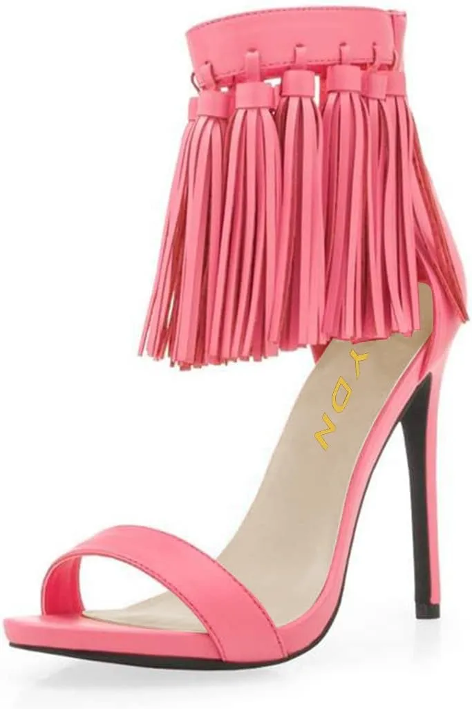 YDN Women's Open Toe Stiletto High Heel Sandals Fringe Tassel Ankle Strap with Back Zipper Elegant Party Dress Prom Shoes Size 4-15 US