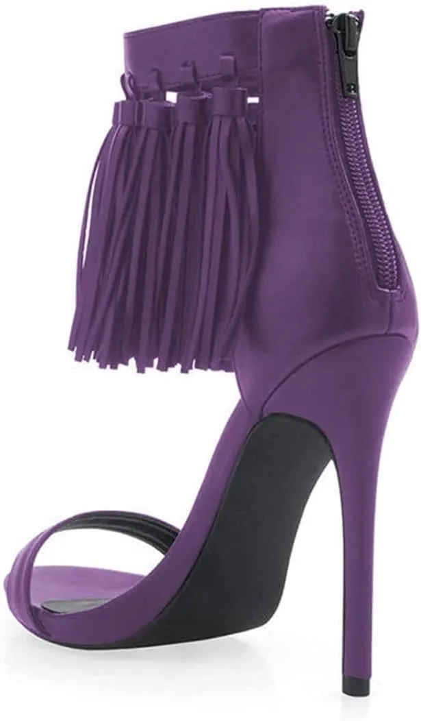 YDN Women's Open Toe Stiletto High Heel Sandals Fringe Tassel Ankle Strap with Back Zipper Elegant Party Dress Prom Shoes Size 4-15 US