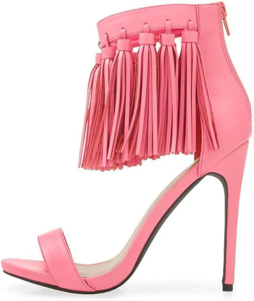 YDN Women's Open Toe Stiletto High Heel Sandals Fringe Tassel Ankle Strap with Back Zipper Elegant Party Dress Prom Shoes Size 4-15 US