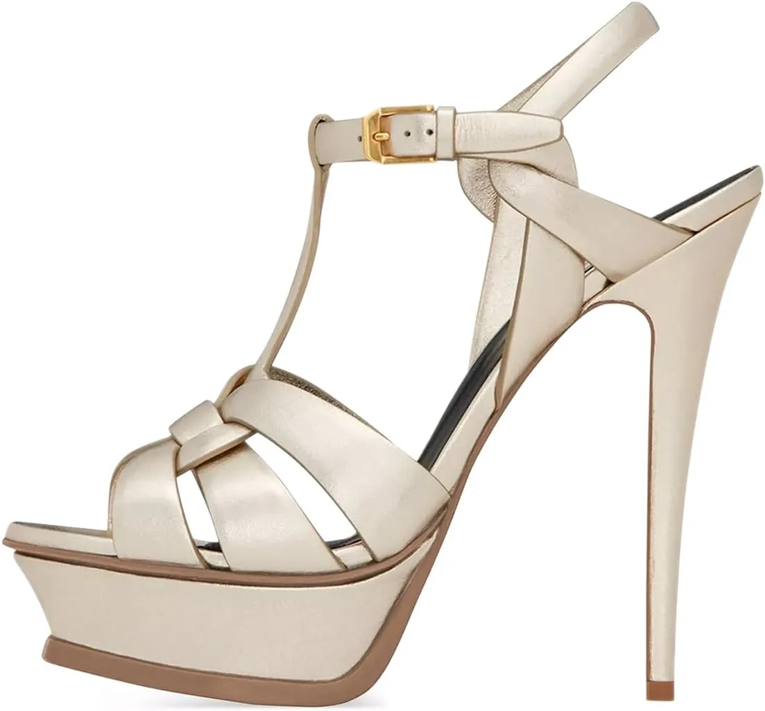 YDN Women's Strappy High Heeled Platform Sandals Peep Toe Stiletto Heels T-strap Ankle Strap Buckled Elegant Dress Shoes Size 4-16 US