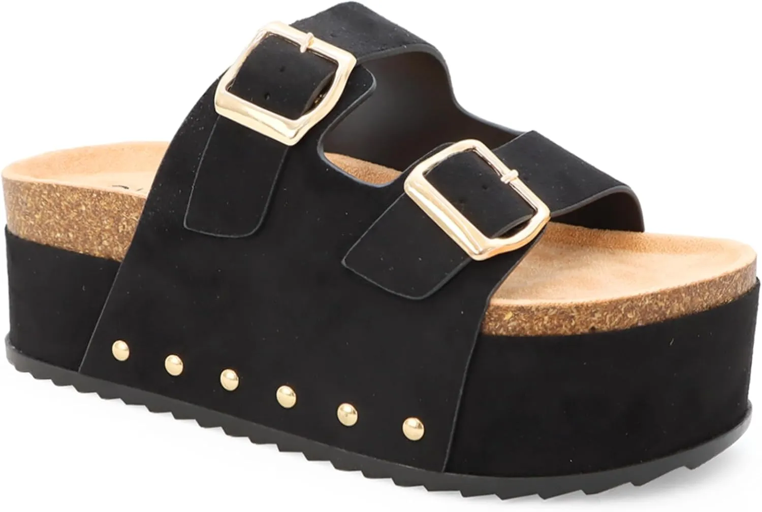 YOKI CAMILA Women’s Platform Double Buckle Sandal Slip-On with Studs, Flat Sandals for Women