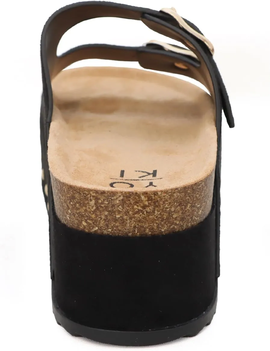 YOKI CAMILA Women’s Platform Double Buckle Sandal Slip-On with Studs, Flat Sandals for Women