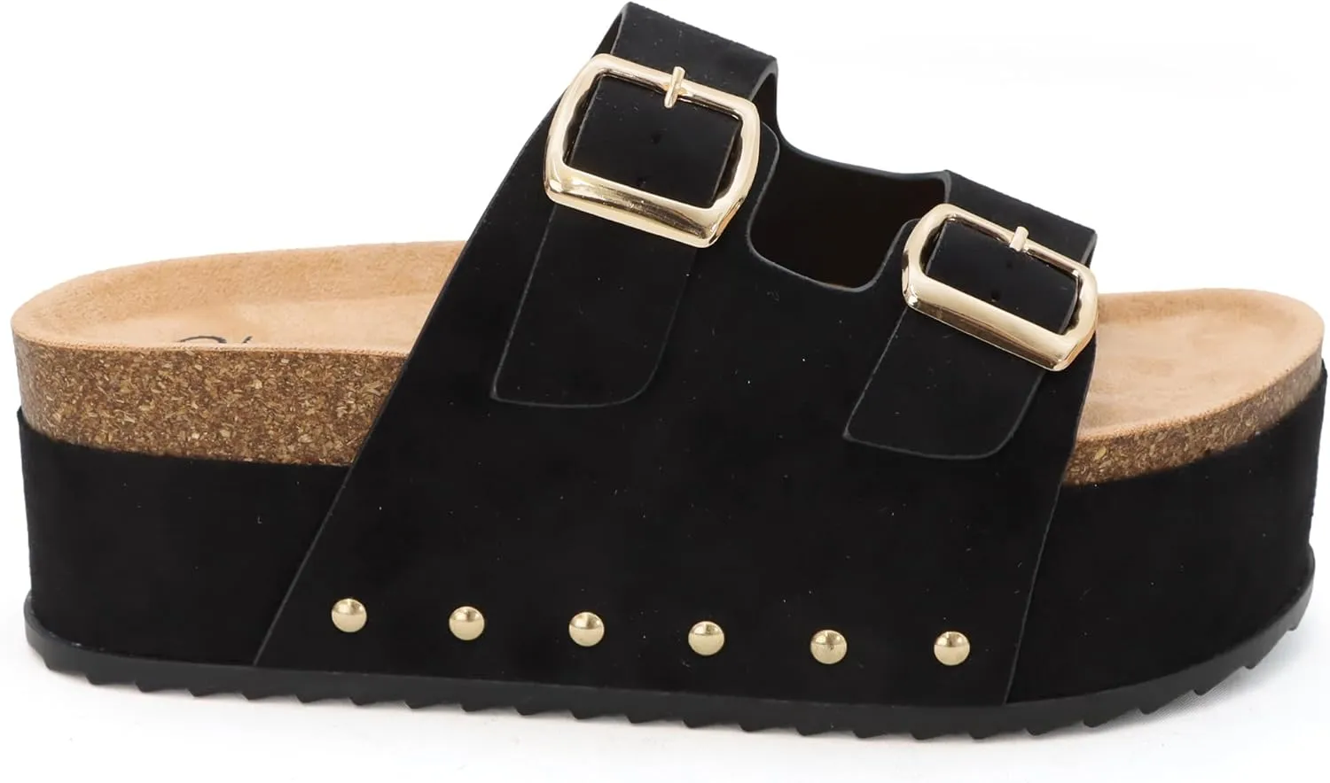 YOKI CAMILA Women’s Platform Double Buckle Sandal Slip-On with Studs, Flat Sandals for Women
