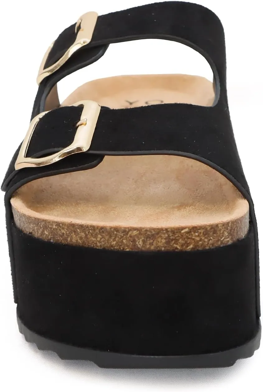 YOKI CAMILA Women’s Platform Double Buckle Sandal Slip-On with Studs, Flat Sandals for Women