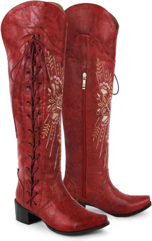 Yolkomo Cowboy Boots for Women Wide Calf Embroidered Western Cowgirl Boots Pointed Toe Over-The-Knee High Lace-Up Boots