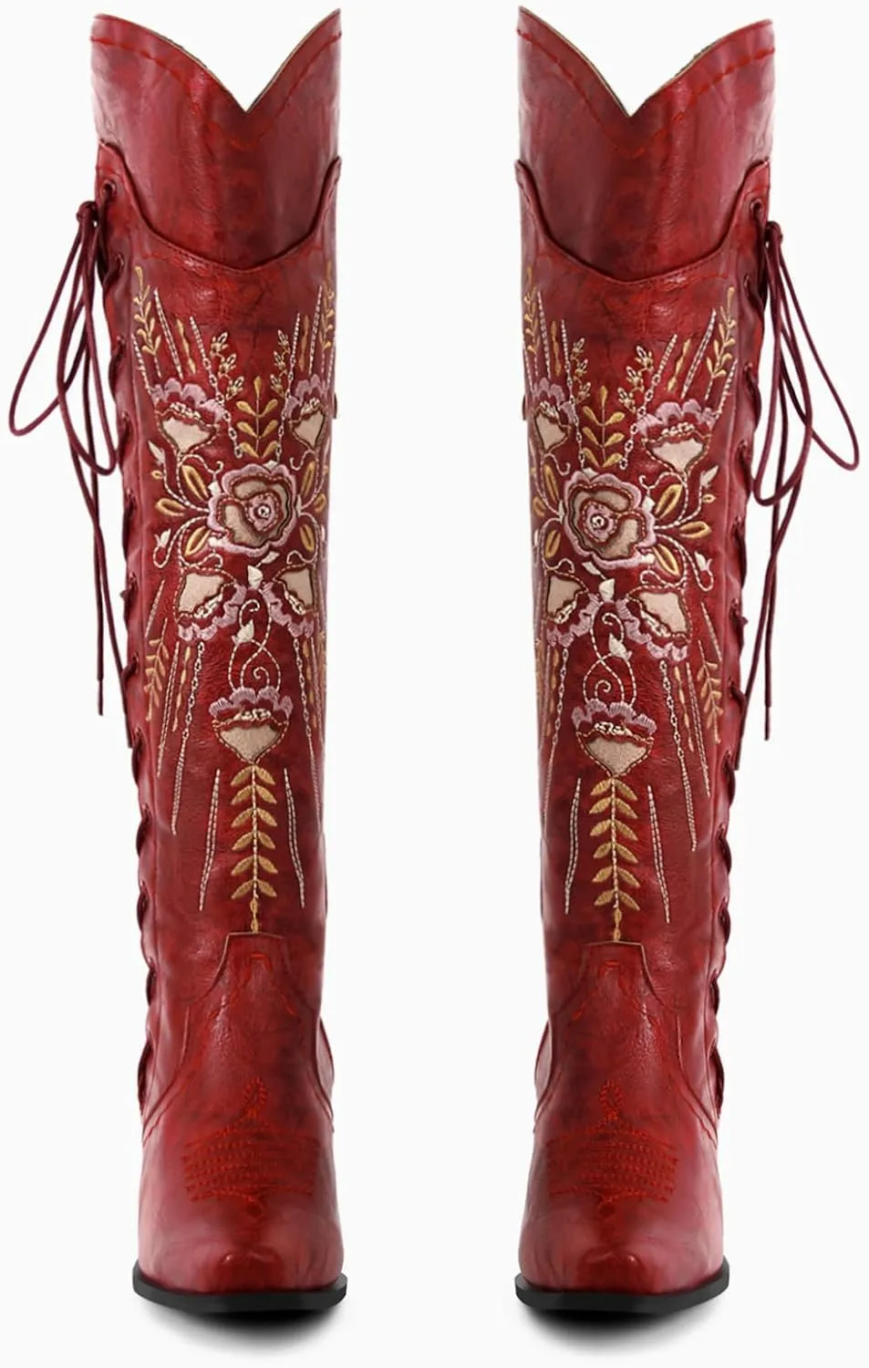 Yolkomo Cowboy Boots for Women Wide Calf Embroidered Western Cowgirl Boots Pointed Toe Over-The-Knee High Lace-Up Boots