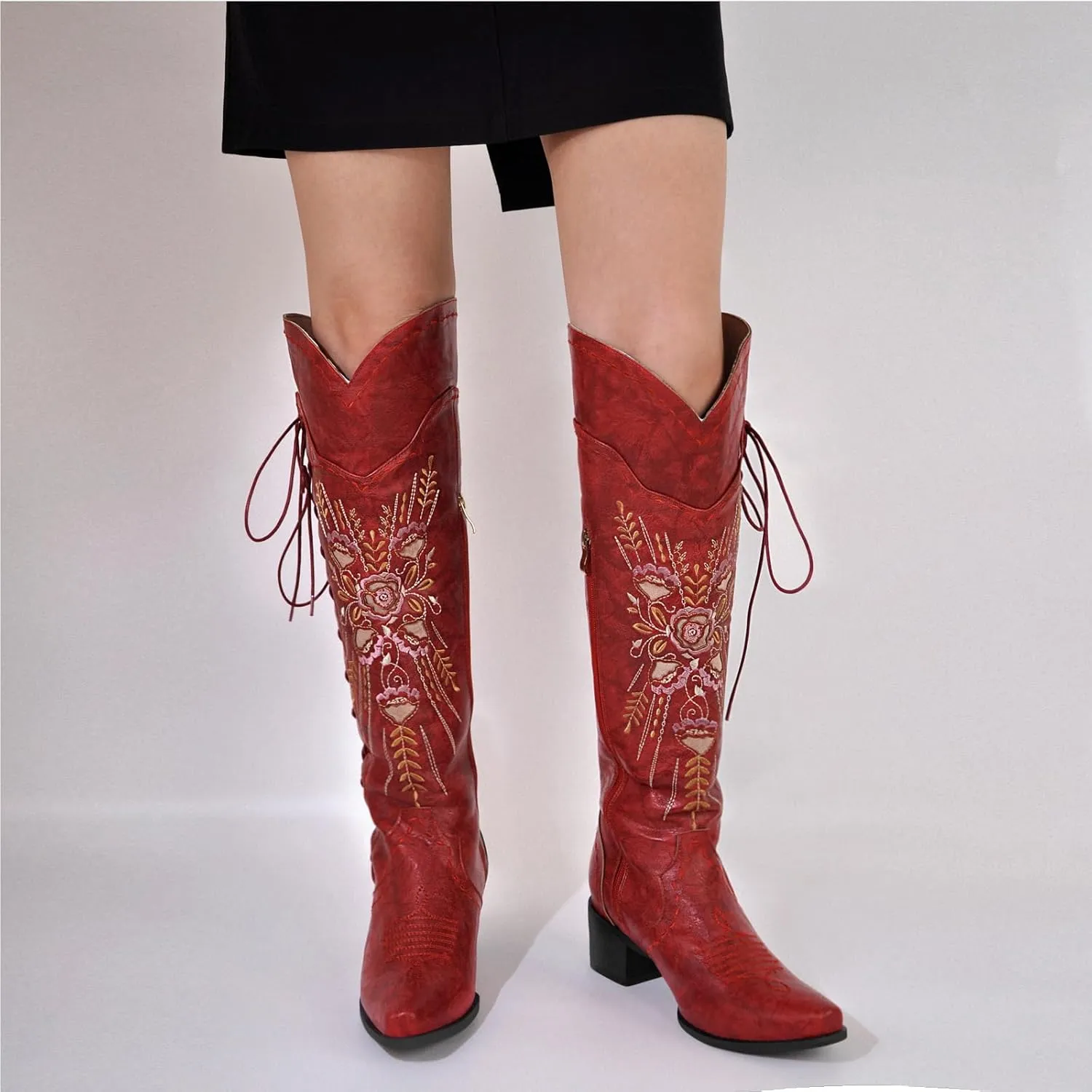 Yolkomo Cowboy Boots for Women Wide Calf Embroidered Western Cowgirl Boots Pointed Toe Over-The-Knee High Lace-Up Boots