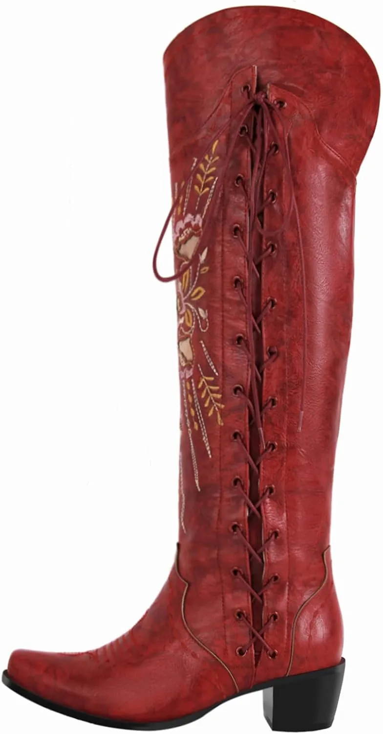 Yolkomo Cowboy Boots for Women Wide Calf Embroidered Western Cowgirl Boots Pointed Toe Over-The-Knee High Lace-Up Boots