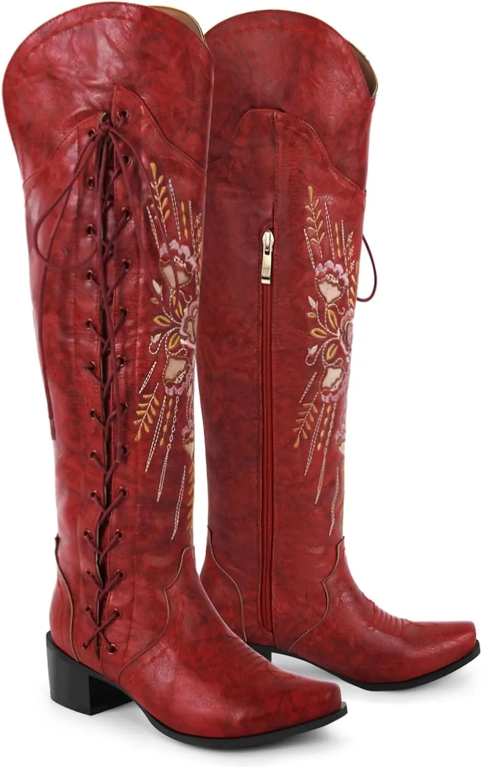 Yolkomo Cowboy Boots for Women Wide Calf Embroidered Western Cowgirl Boots Pointed Toe Over-The-Knee High Lace-Up Boots