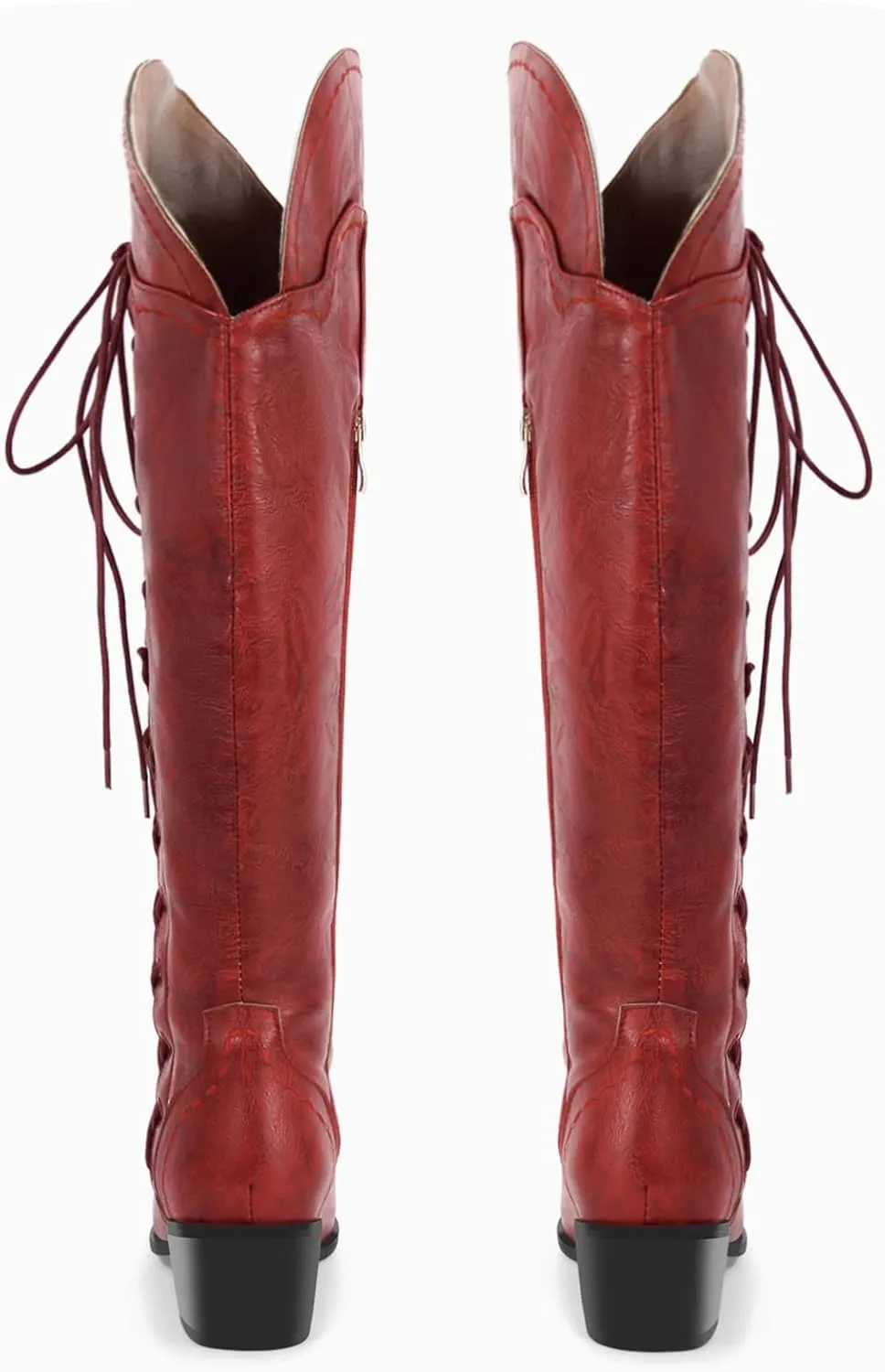 Yolkomo Cowboy Boots for Women Wide Calf Embroidered Western Cowgirl Boots Pointed Toe Over-The-Knee High Lace-Up Boots