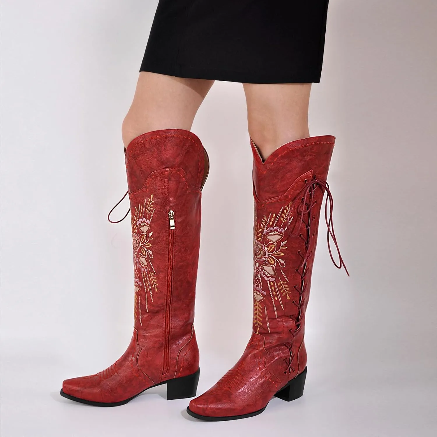 Yolkomo Cowboy Boots for Women Wide Calf Embroidered Western Cowgirl Boots Pointed Toe Over-The-Knee High Lace-Up Boots