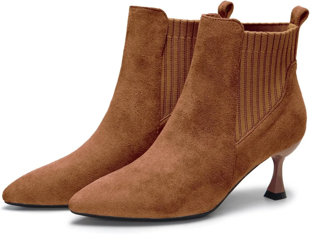 youngshow Womens Ankle Boots Pointed Toe Kitten Heels Booties Winter Knit Low Heel Dressy Booties