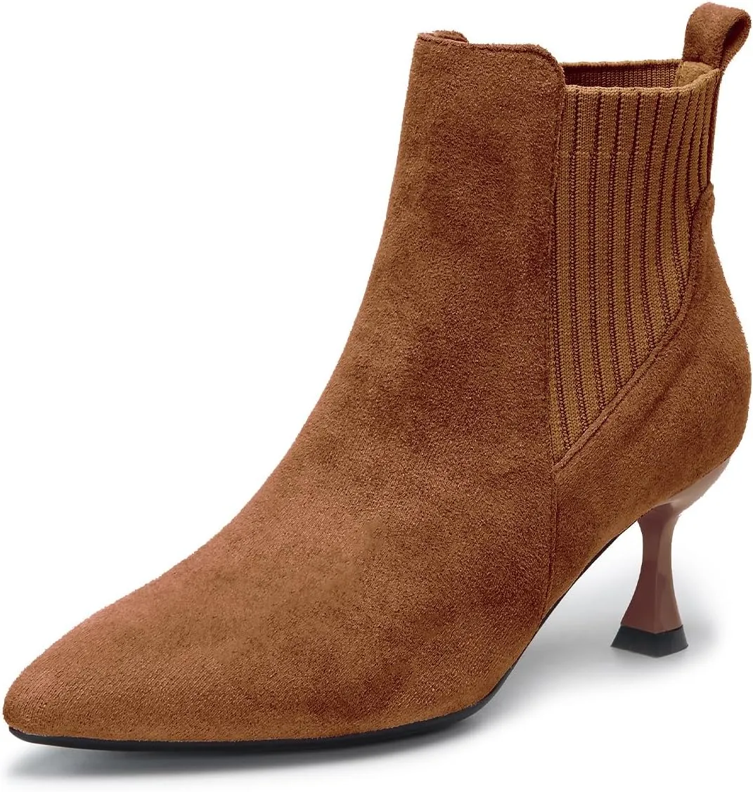youngshow Womens Ankle Boots Pointed Toe Kitten Heels Booties Winter Knit Low Heel Dressy Booties