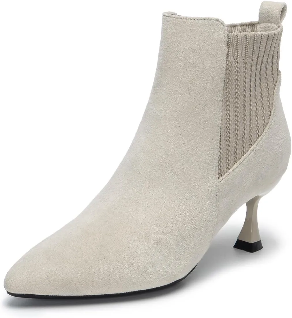 youngshow Womens Ankle Boots Pointed Toe Kitten Heels Booties Winter Knit Low Heel Dressy Booties