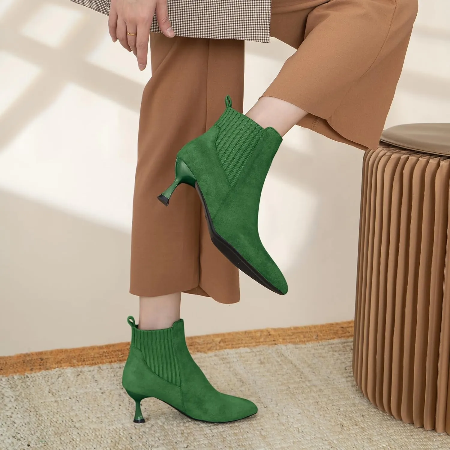 youngshow Womens Ankle Boots Pointed Toe Kitten Heels Booties Winter Knit Low Heel Dressy Booties
