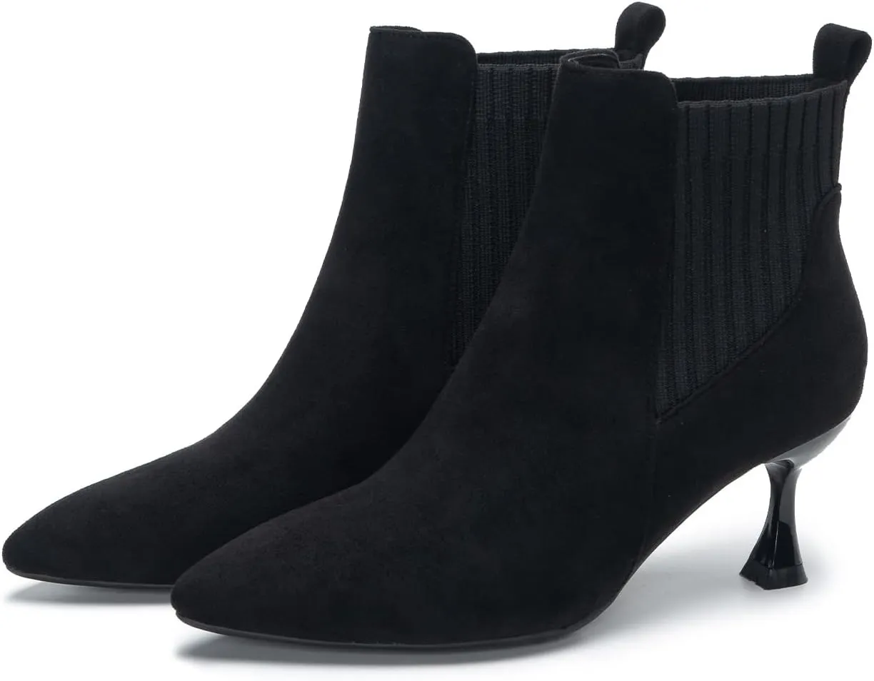 youngshow Womens Ankle Boots Pointed Toe Kitten Heels Booties Winter Knit Low Heel Dressy Booties
