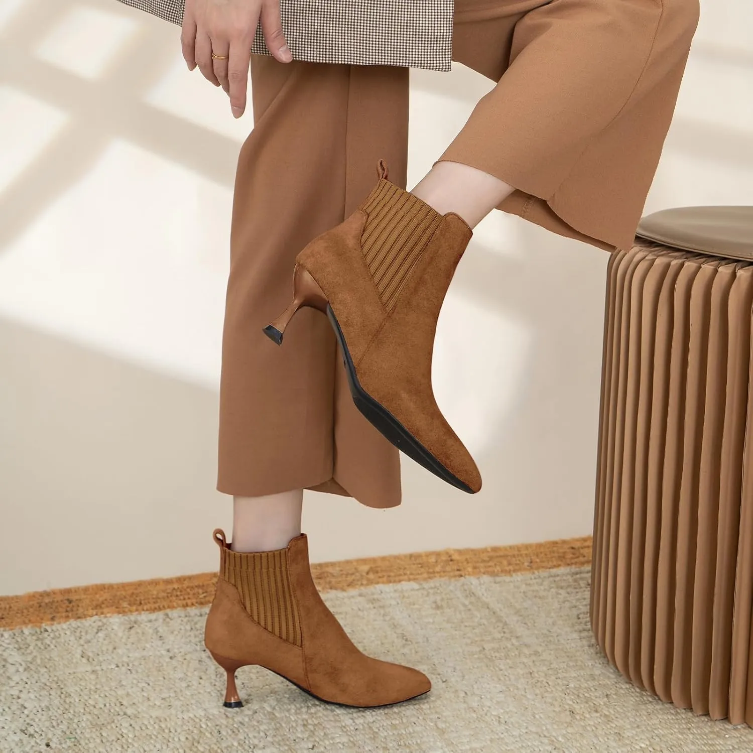 youngshow Womens Ankle Boots Pointed Toe Kitten Heels Booties Winter Knit Low Heel Dressy Booties
