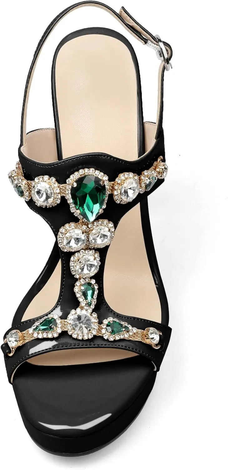 Zamikoo Heeled Sandals for women Platform Rhinestone High Heel Open Toe Stiletto Slingback Sandals Ankle Strap Dress Shoes for Wedding Party Event Evening