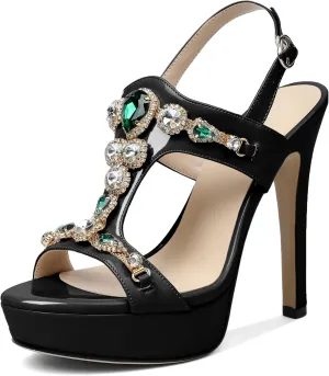 Zamikoo Heeled Sandals for women Platform Rhinestone High Heel Open Toe Stiletto Slingback Sandals Ankle Strap Dress Shoes for Wedding Party Event Evening