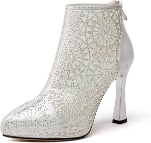 Zamikoo Women Rhinestone Studded Platform Bootie Crystal Diamond Ankle Boots Bling High Heel Shoes