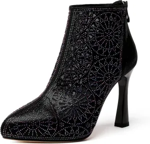Zamikoo Women Rhinestone Studded Platform Bootie Crystal Diamond Ankle Boots Bling High Heel Shoes