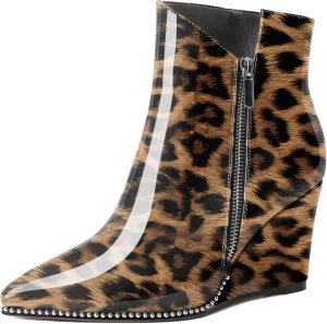Zamikoo Women's Wedge Ankle Boots V Cutout Sliver Beaded Wedge Heel Chelsea Boots Slip On Side Zipper Patent Leather Booties for Lady 3.5 Inches