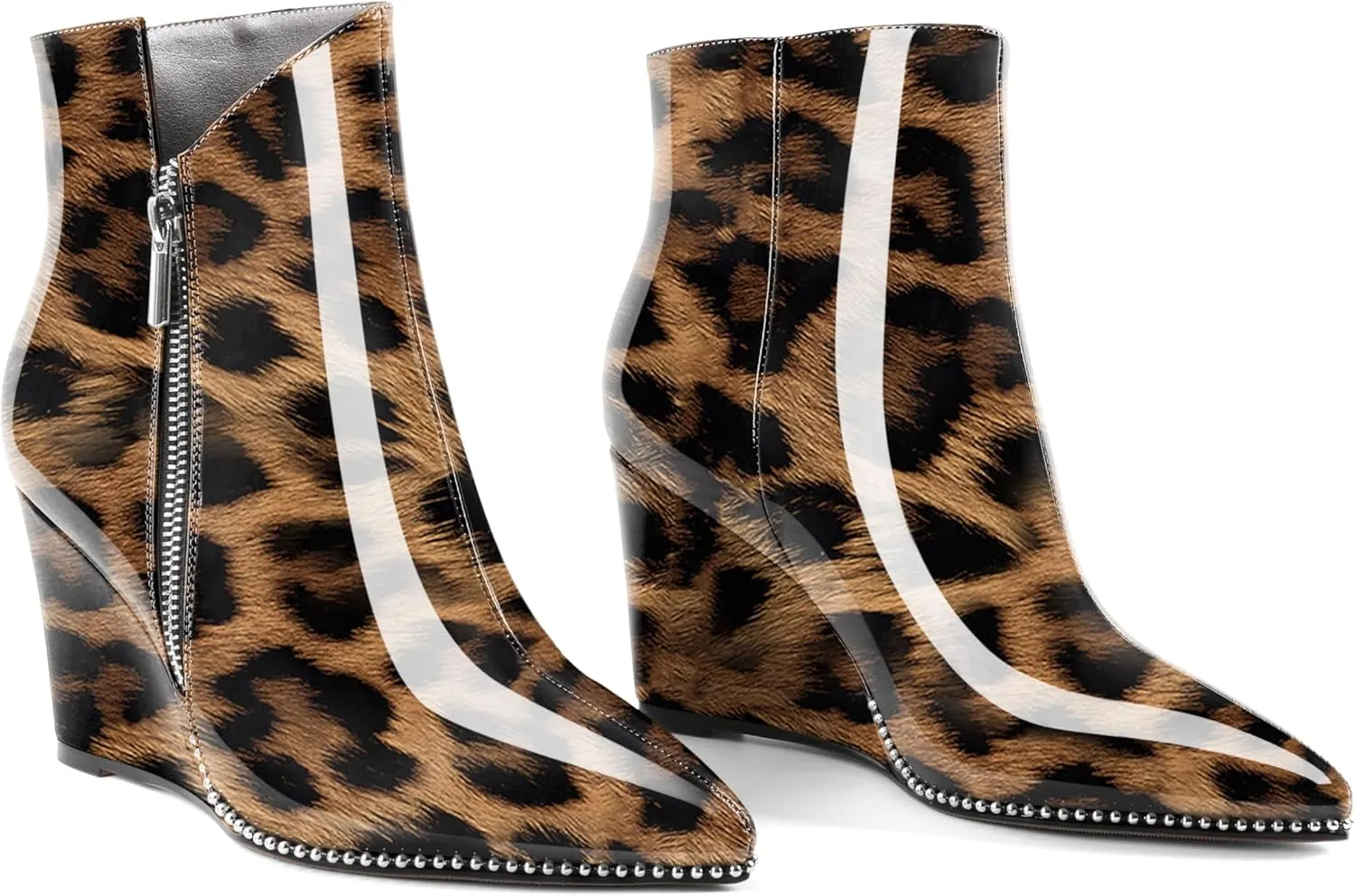 Zamikoo Women's Wedge Ankle Boots V Cutout Sliver Beaded Wedge Heel Chelsea Boots Slip On Side Zipper Patent Leather Booties for Lady 3.5 Inches