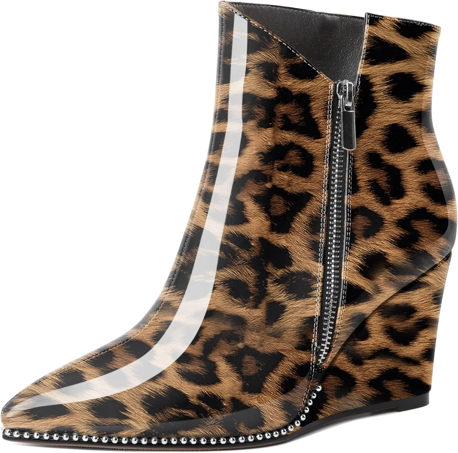 Zamikoo Women's Wedge Ankle Boots V Cutout Sliver Beaded Wedge Heel Chelsea Boots Slip On Side Zipper Patent Leather Booties for Lady 3.5 Inches