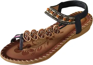 ZSpzx Women's Summer Sandals Sparkly Bling Lace Flower Sandals Casual Comfortable Bohemia Flat Sandals Open Toe Ankle Crystal Shoes Ankle Strap Beach Shoes